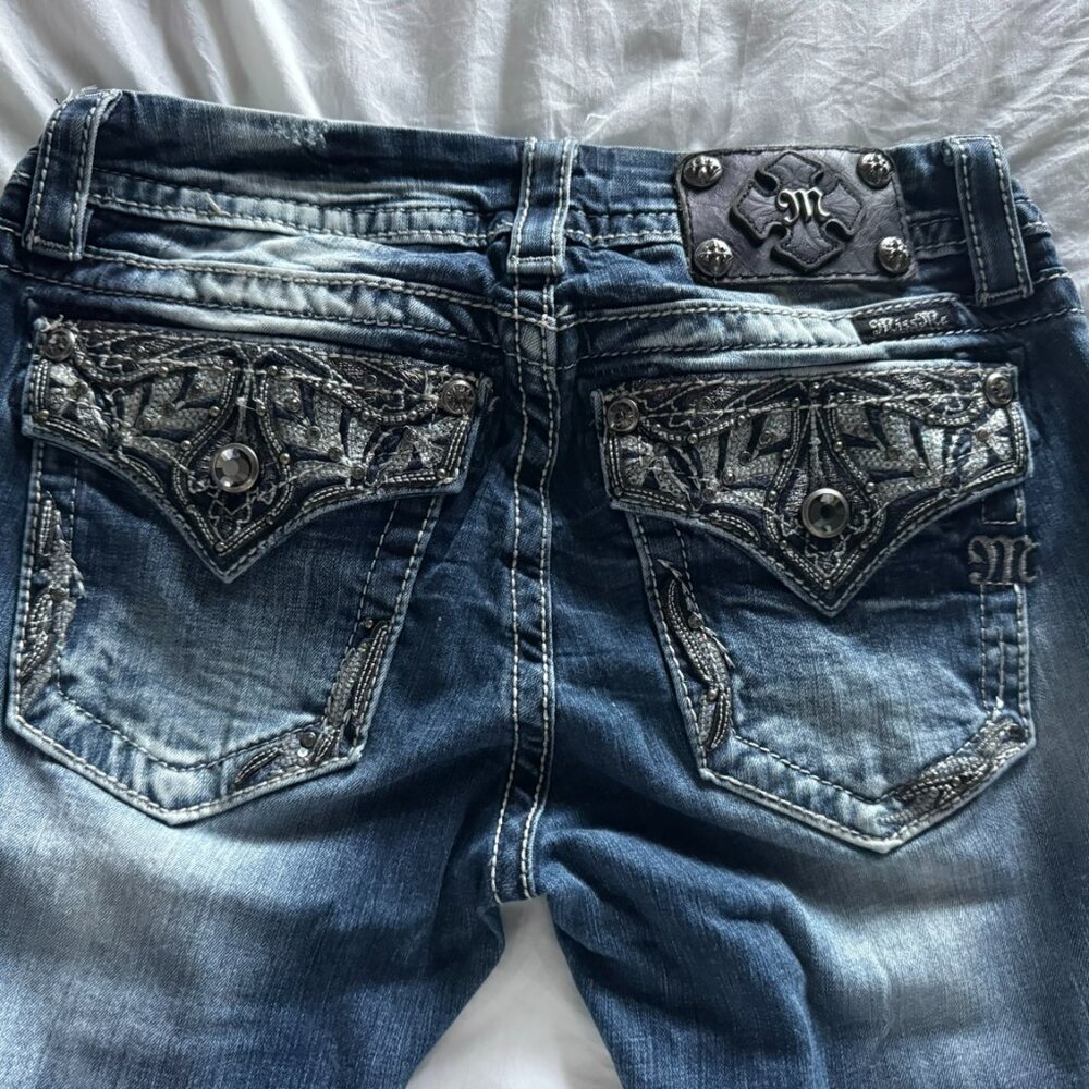 Miss Me Skinny Jeans Size 27 Medium Wash Embellished Flap Pocket Distressed
